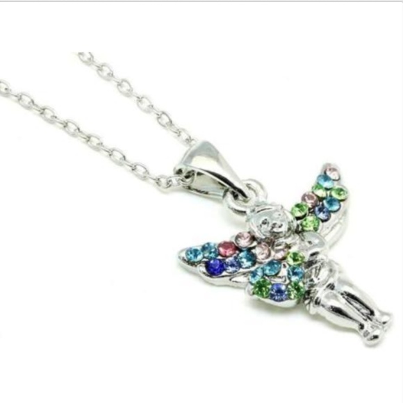 Silver Crystal Angel Necklace 18" Sparkly Colors - Picture 3 of 5